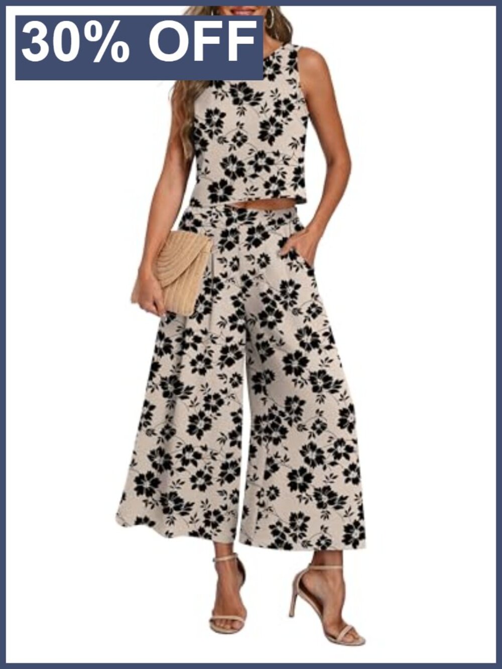 Sleeveless Crop Top and Wide Leg Pants Set Lightweight Polyester